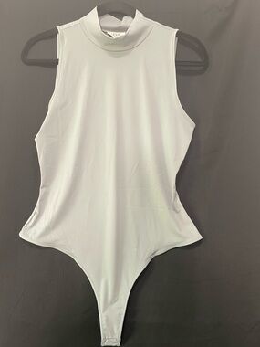 Ladaire “Olga Silk Top in Ultimate Grey”Mock Neck Thong Bodysuit, NWT, Sz L